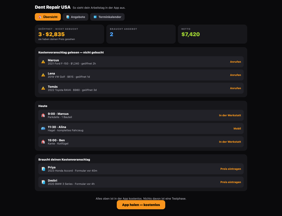 Das Techniker-Portal von Dent Repair USA auf Deutsch, mit gelesenen aber nicht gebuchten Kostenvoranschlägen, den heutigen Terminen und offenen Anfragen