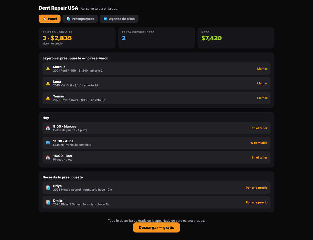 El portal del técnico de Dent Repair USA en español, con presupuestos abiertos sin reservar, los trabajos de hoy y solicitudes esperando precio