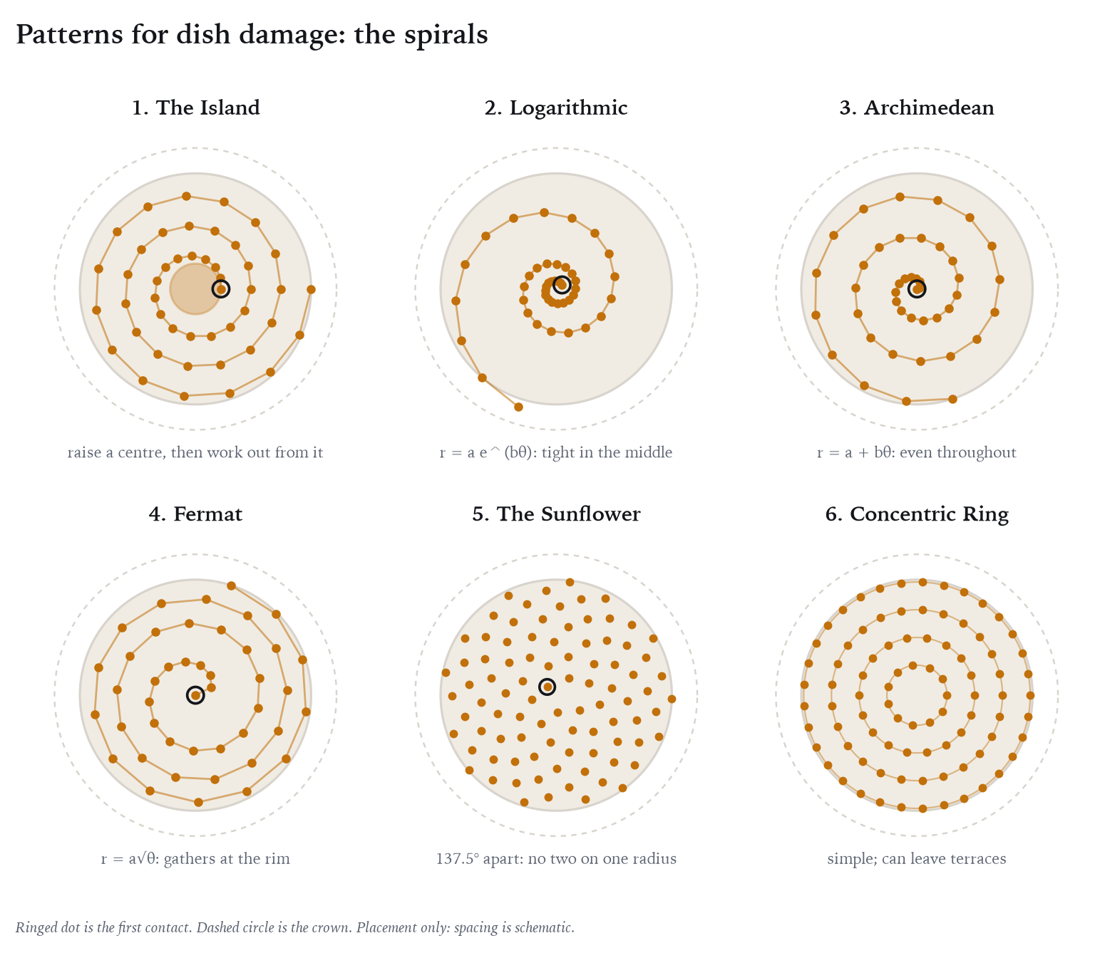Where the tip goes, and in what order. The ringed dot is the first contact.