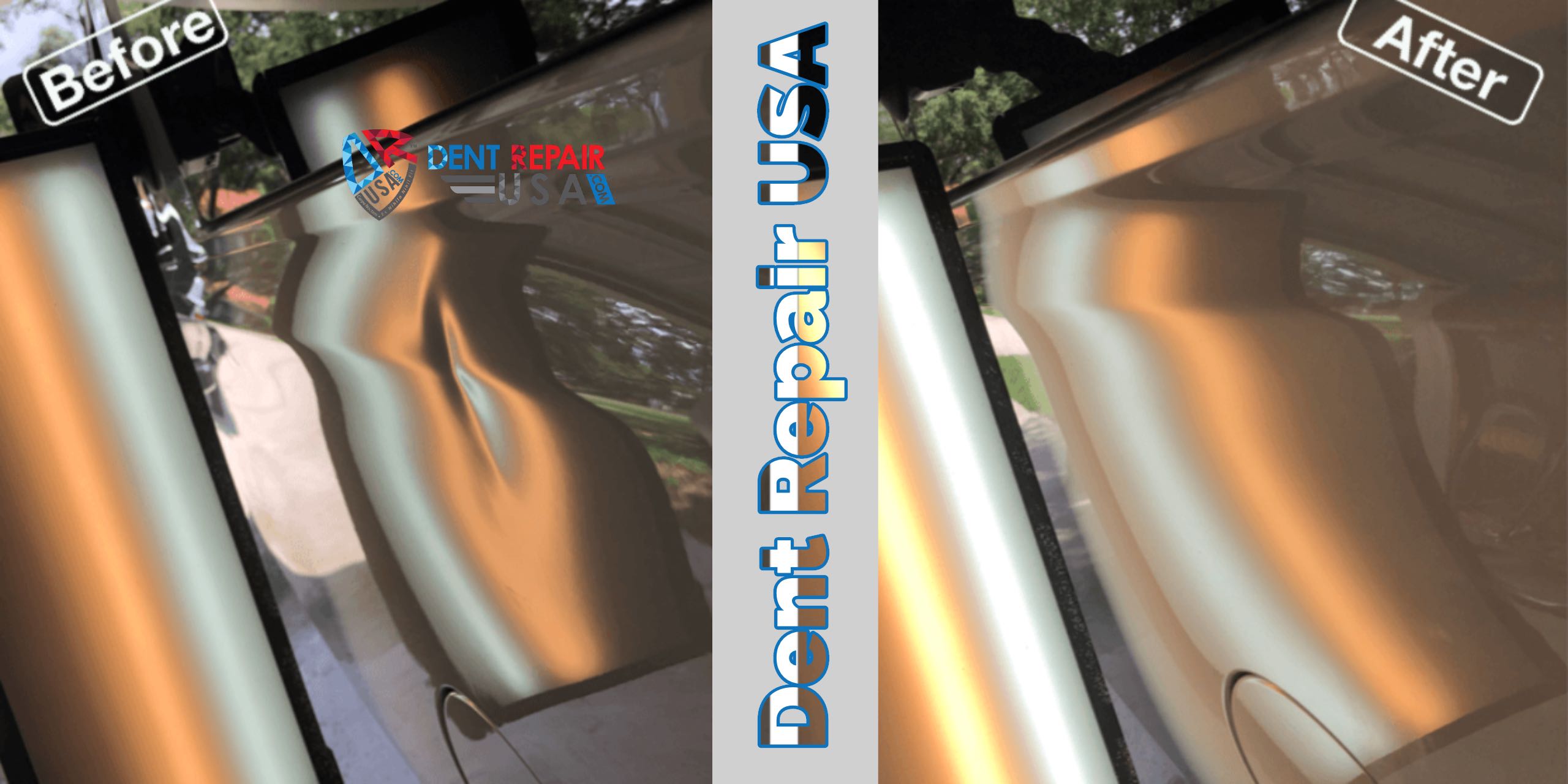 Before and after photo dent under a Paintless Dent Repair (PDR) Light in Lakeland Florida